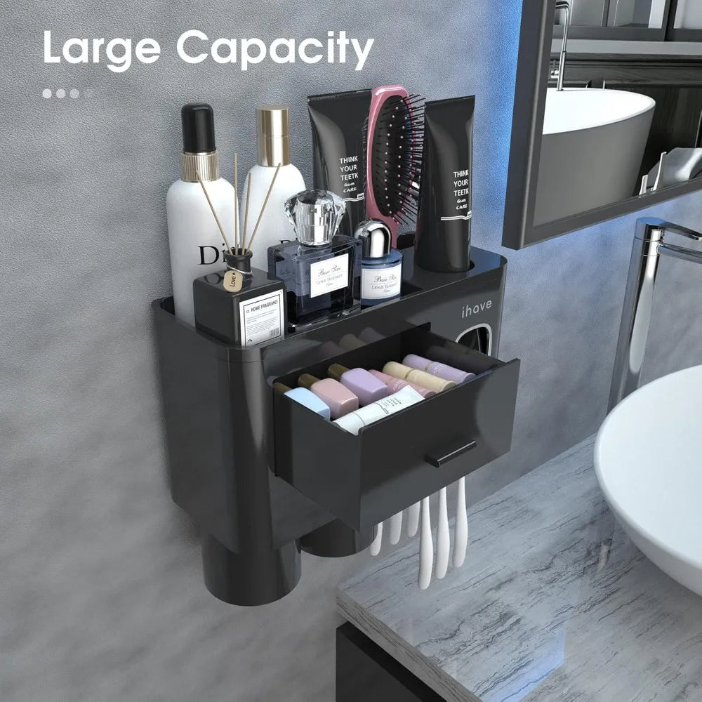 iHave Toothbrush Holders for Bathrooms, 2 Cups Toothbrush Holder Wall Mounted with Toothpaste Dispenser - Large Capacity Tray,