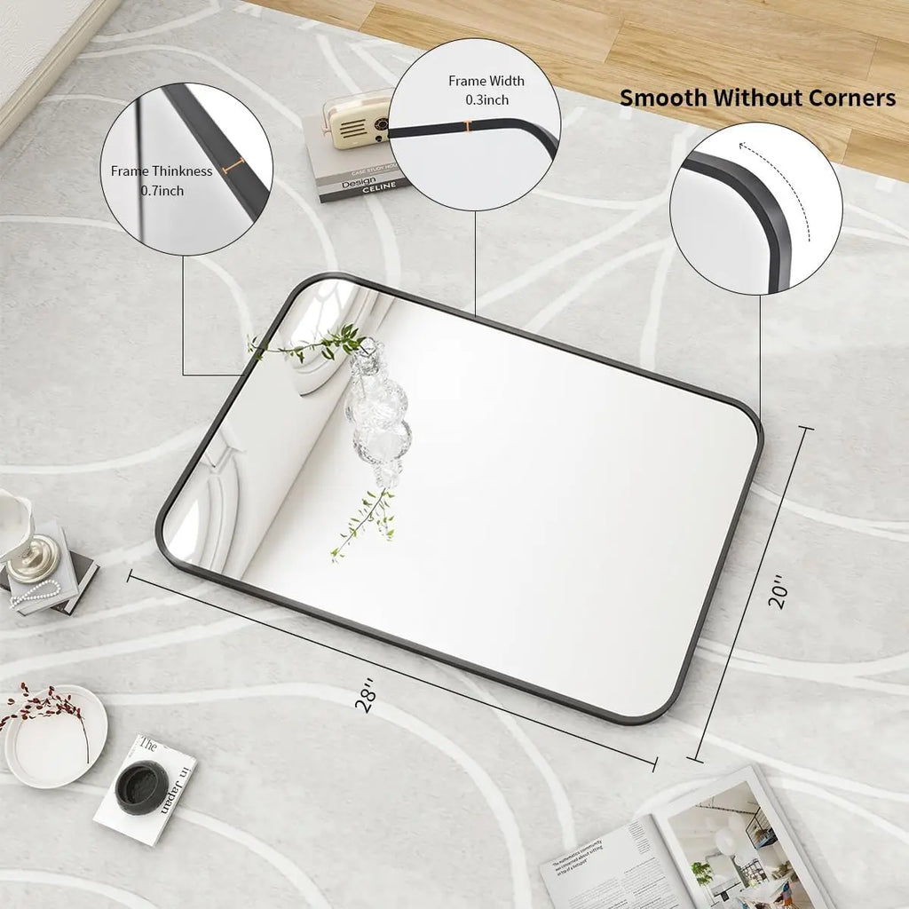 20" x 28" Rectangular Aluminum Alloy Frame Wall Mounted Bathroom Mirror with Rounded Corners