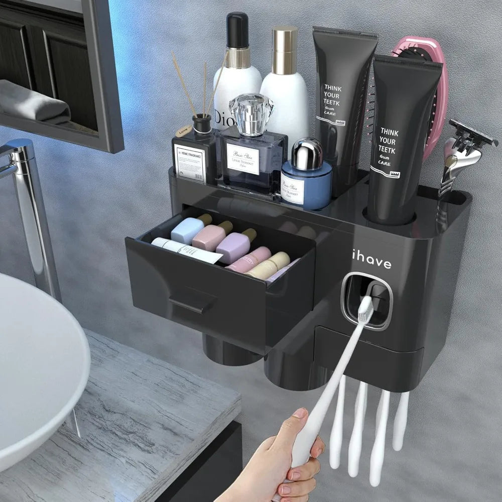 iHave Toothbrush Holders for Bathrooms, 2 Cups Toothbrush Holder Wall Mounted with Toothpaste Dispenser - Large Capacity Tray,